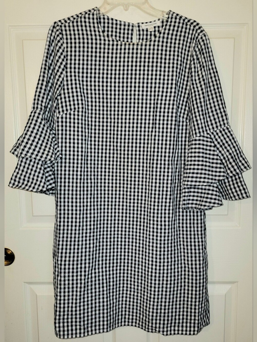 Beachlunchlounge Black Gingham Check Cotton Dress Large 3/4 Ruffled Bell Sleeves